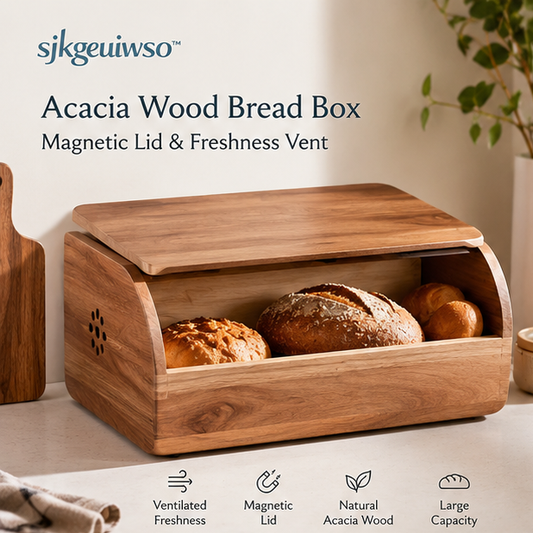 sjkgeuiwso™ Acacia Wood Bread Box with Magnetic Lid & Freshness Vent