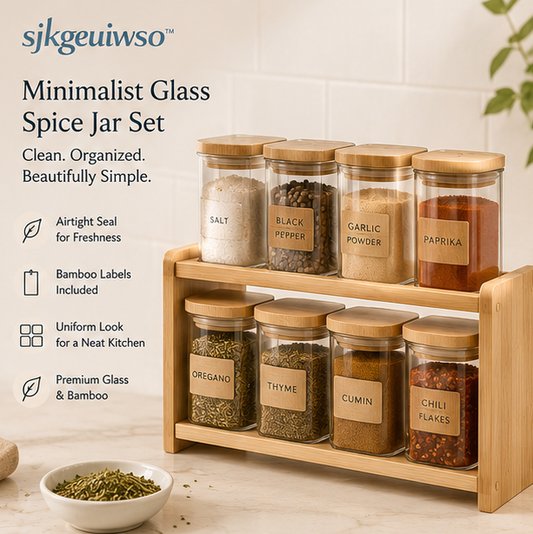 sjkgeuiwso™ Minimalist Glass Spice Jar Set with Bamboo Labels