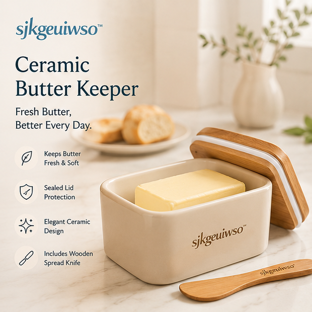 sjkgeuiwso™ Ceramic Butter Keeper with Wooden Lid & Spread Knife