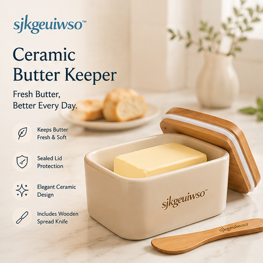 sjkgeuiwso™ Ceramic Butter Keeper with Wooden Lid & Spread Knife